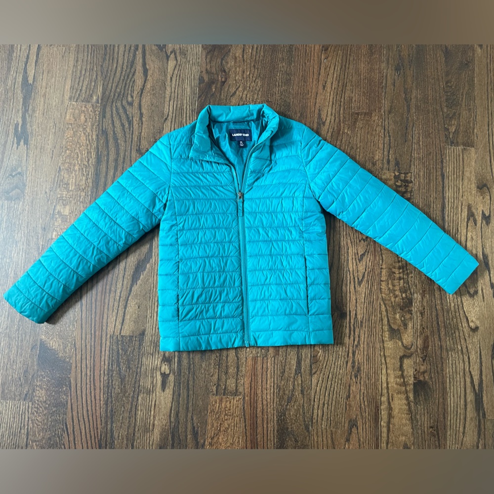 Boys Medium 10-12 Lands End Thermoplume packable thin puffer jacket, Color Teal